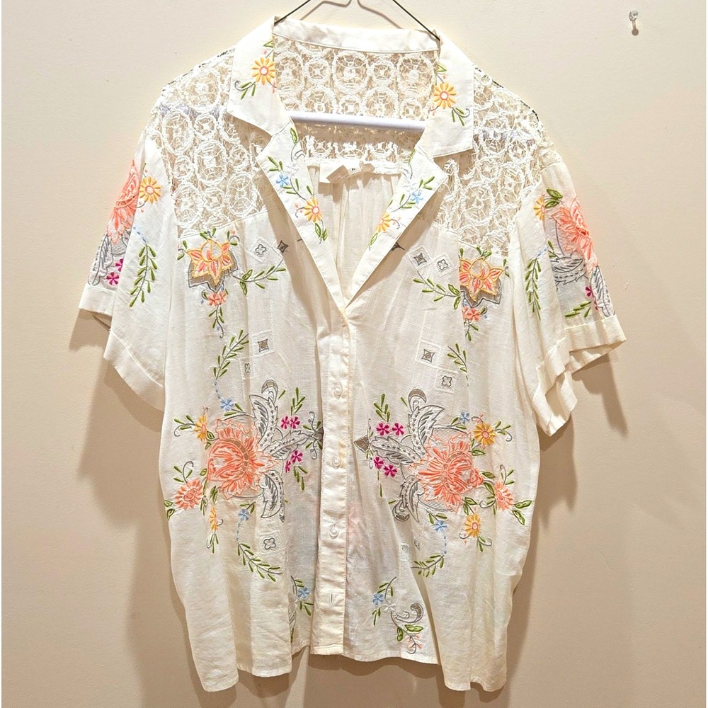 by Anthropologie White Floral Lace Yoke Embroidered Button-Up Blouse XL